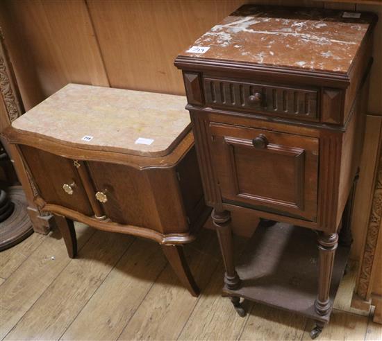 A French marble topped oak bedside cupboard and another low cupboard